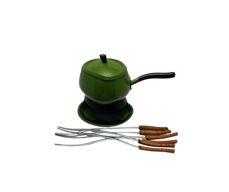 A green metal fondue pot on a white background with a set of forks.