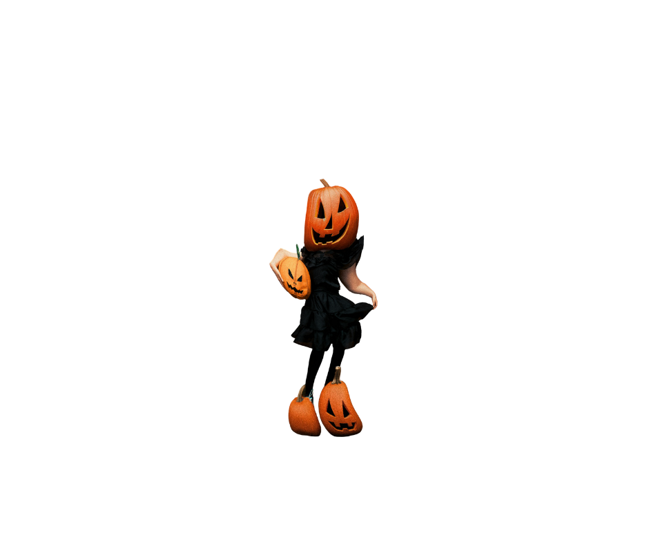 Person in black dress with a Jack 'O Lantern for a head and feet, distorted.