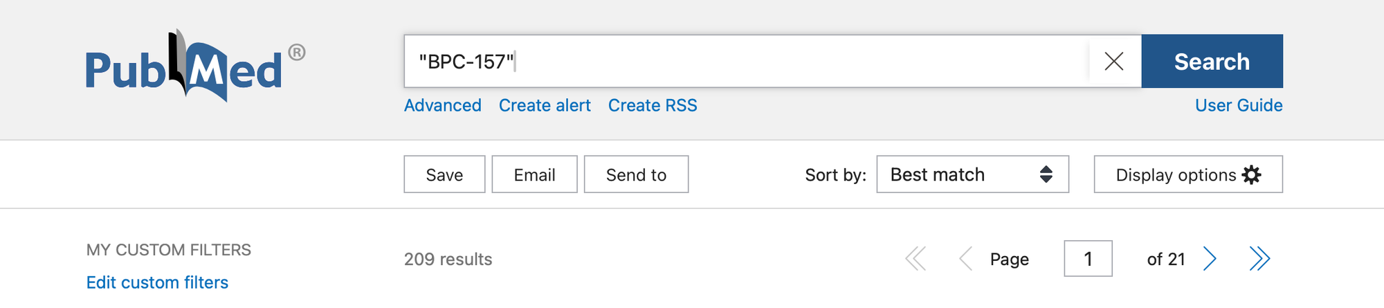 A screenshot of PubMed showing a search for BPC-157, with 209 results.