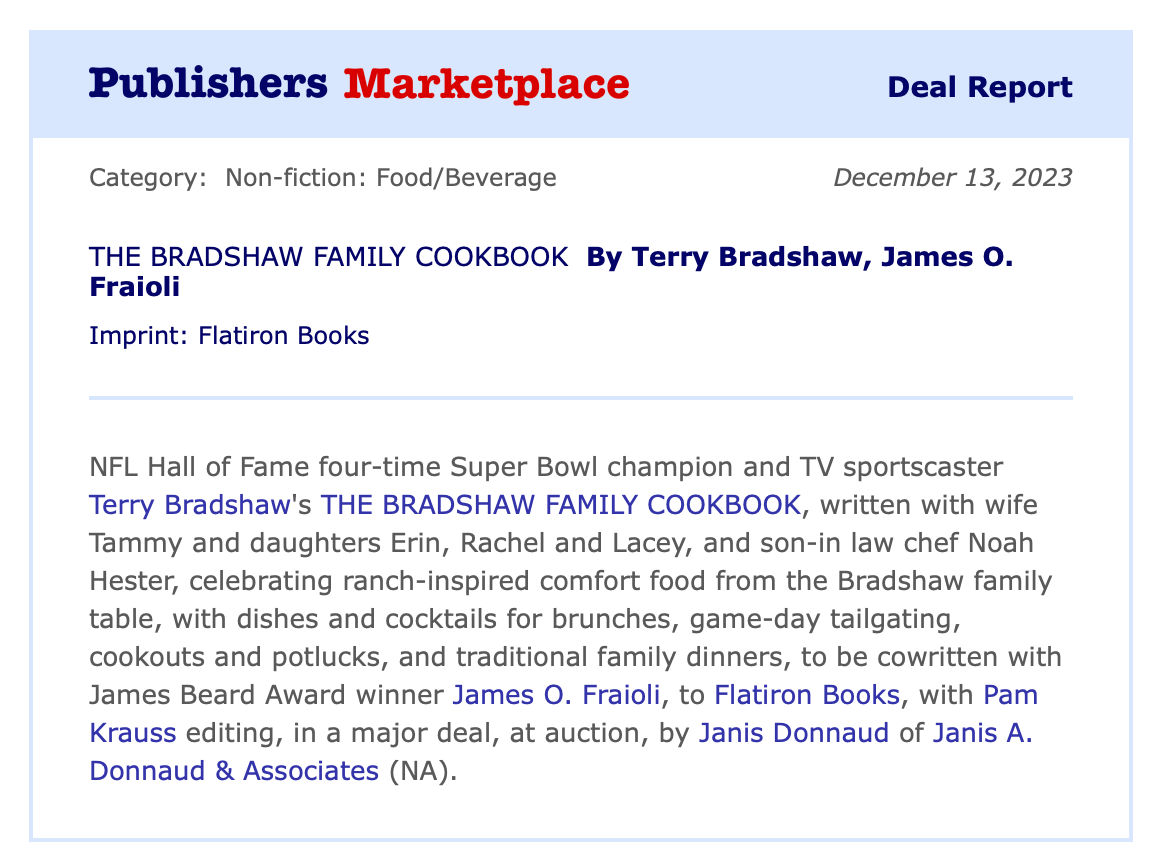 Publisher's Lunch deal news screenshot of THE BRADSHAW FAMILY COOKBOOK.