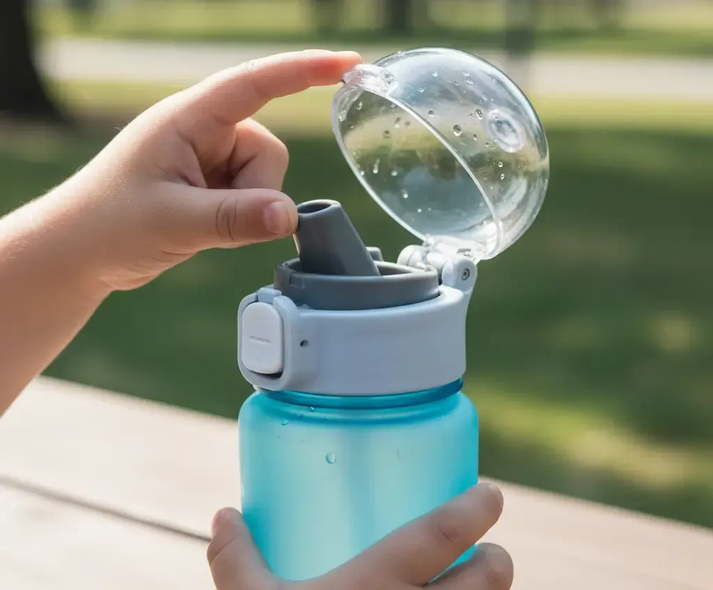 Dítě snadno jednou rukou otevírá lahev na pití s hygienickým a těsnícím uzávěrem.