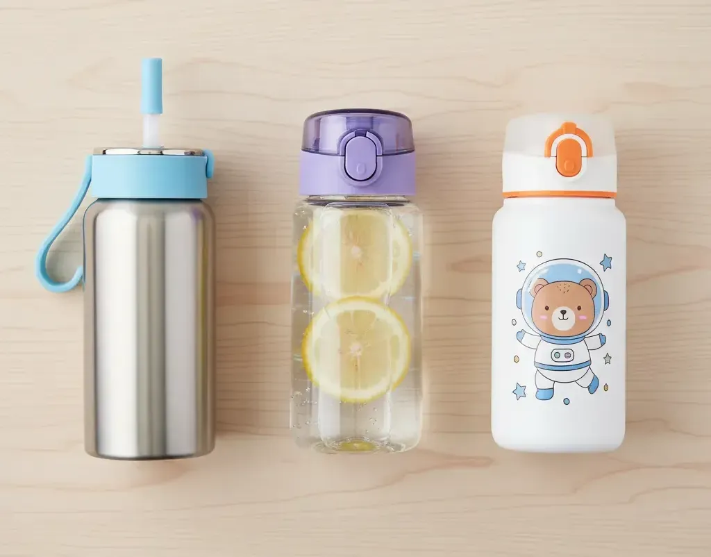 Srovnání nejoblíbenějších materiálů lahví na pití pro děti: nerezová ocel, Tritan a polypropylen.