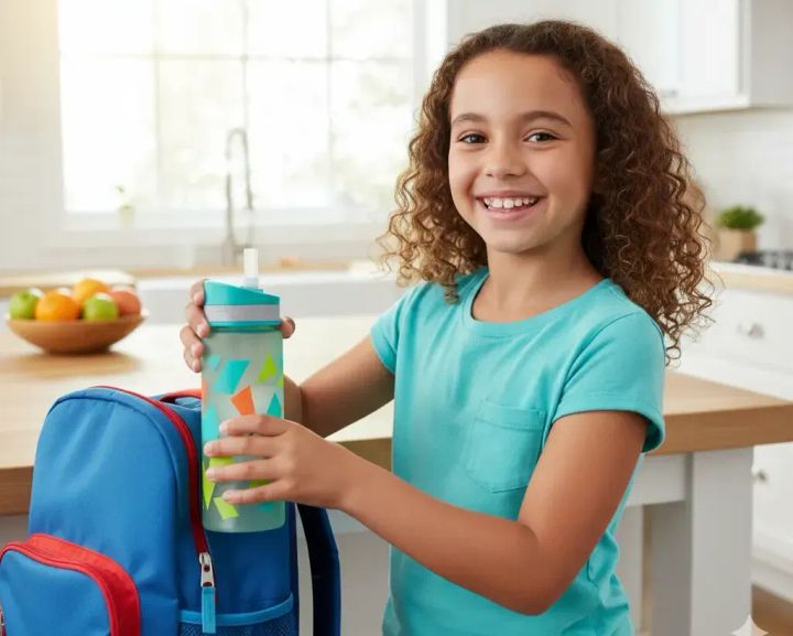 Šťastný školák si balí do aktovky barevnou lahev na pití před odchodem do školy.