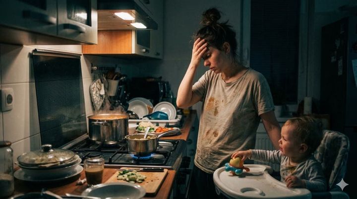 Unavená matka se snaží vařit a krmit batole v přeplněné kuchyni, kontrast stresu a jídla.