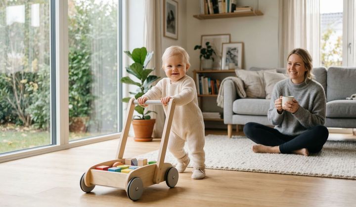 Miminko dělá první krůčky s dřevěným dětským chodítkem v obývacím pokoji, zatímco se maminka v pozadí usmívá.