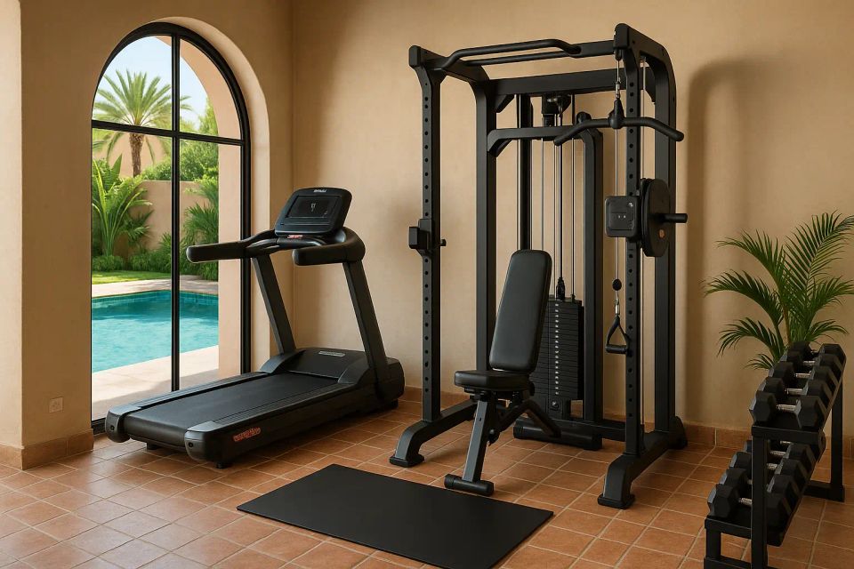 Image d'une salle de sport moderne et élégante avec piscine, optimisée pour maximiser l'espace, évoquant un style de vie actif et bien-être.