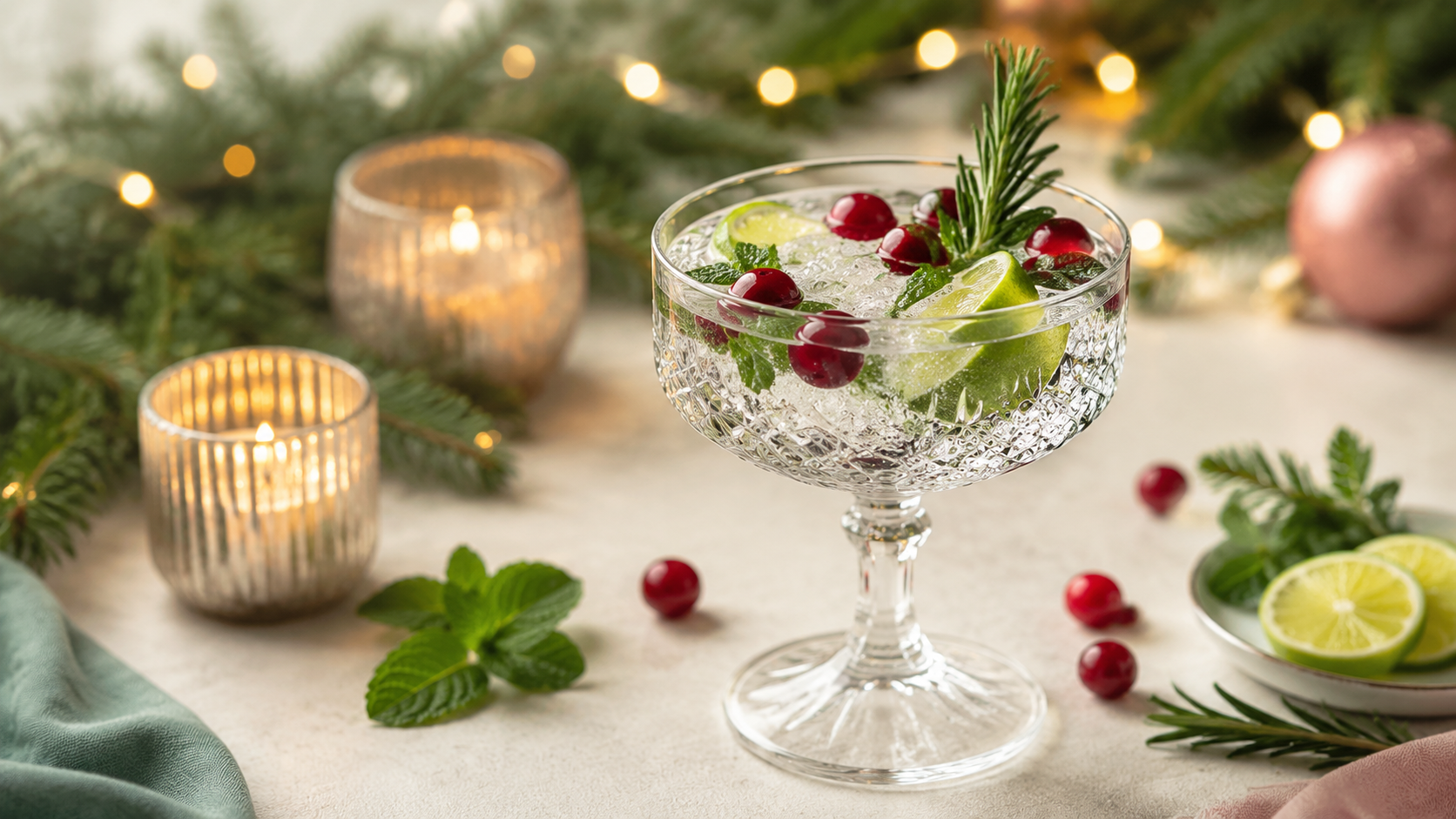Sparkling Christmas mocktail with cranberries, lime, mint, and rosemary in a festive glass.