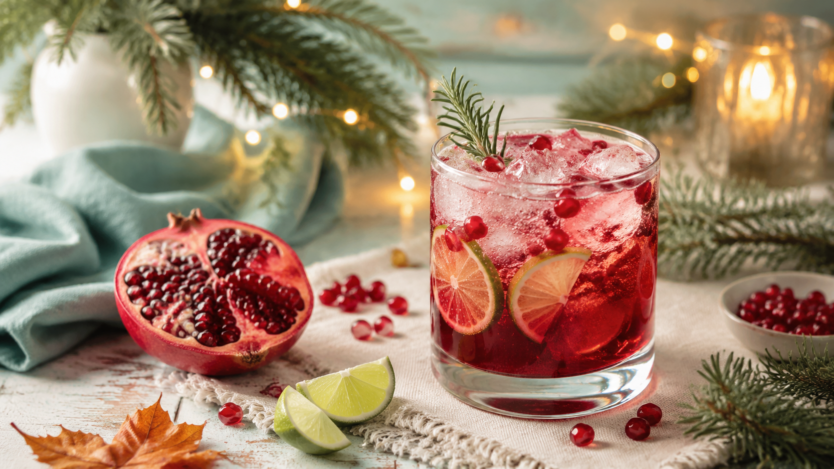 Festive pomegranate lime mocktail with sparkling water, fresh lime slices, pomegranate seeds, and rosemary.