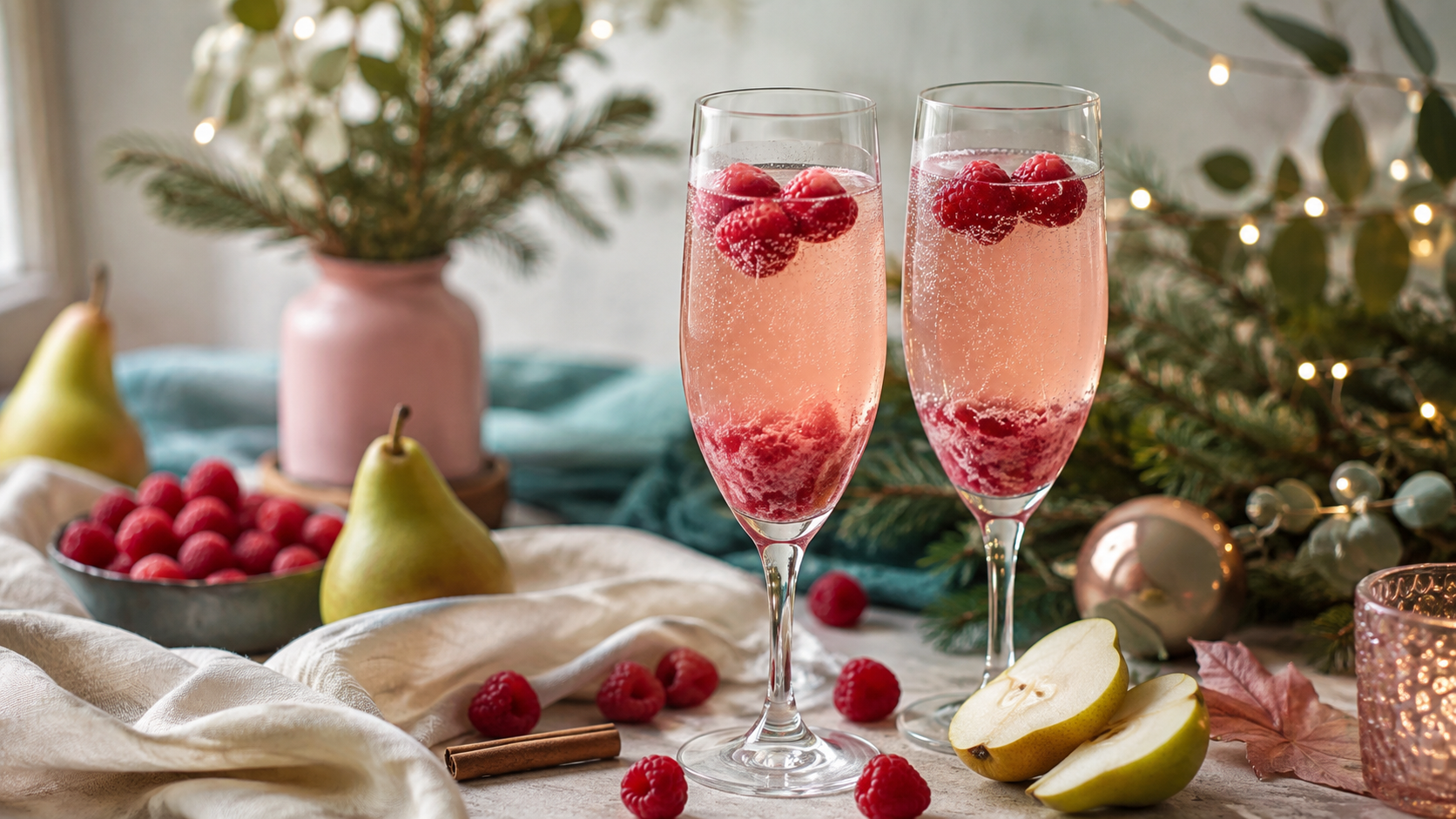 Festive raspberry pear mocktails in champagne glasses with fresh raspberries, sliced pears, and holiday greenery.