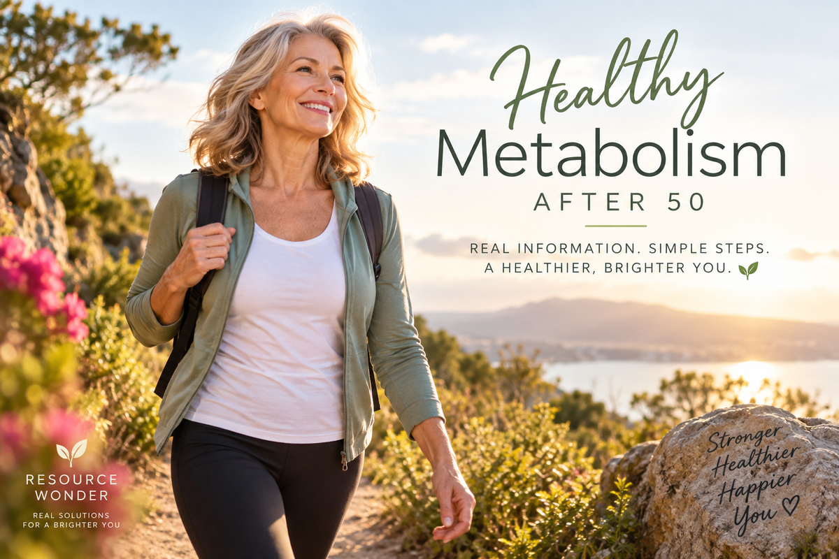 Woman over 50 hiking outdoors on a sunny trail, representing healthy metabolism, strength and healthy aging.