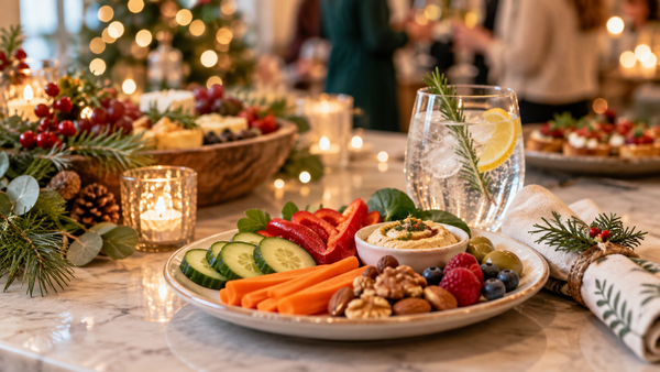 Healthy pre-party snack with vegetables, hummus, fruit and nuts at a festive holiday gathering.
