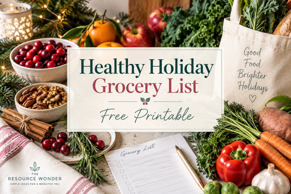 Healthy Holiday Grocery List free printable surrounded by colorful fruits, vegetables and festive Christmas greenery
