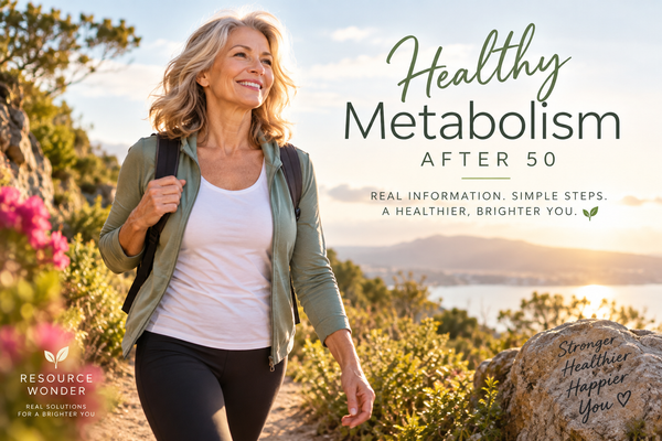 Woman over 50 hiking outdoors on a sunny trail, representing healthy metabolism, strength and healthy aging.