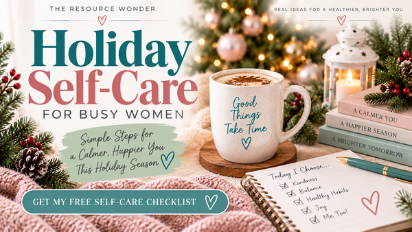 Cozy holiday self-care scene with a checklist, warm drink, Christmas decorations, and greenery