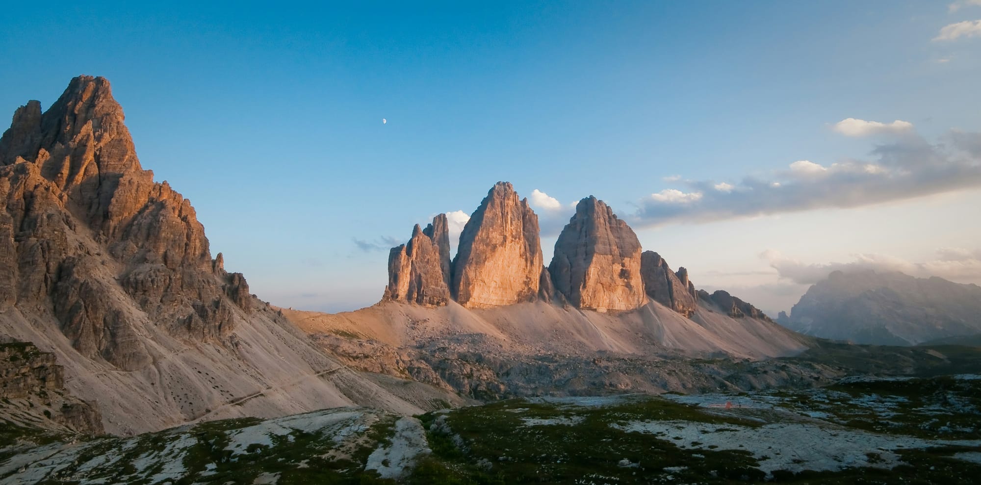 The iconic Three Peaks (Tre Cime di Lavaredo) in the Northern Dolomites UNESCO system, a popular hiking destination.
