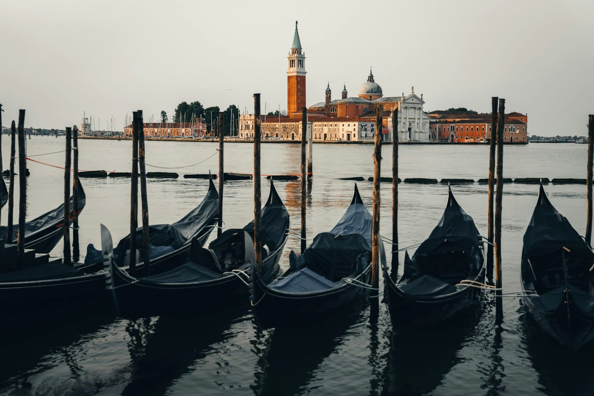 Some gondolas wait their turn before setting sail on the waters of the Venice Lagoon.