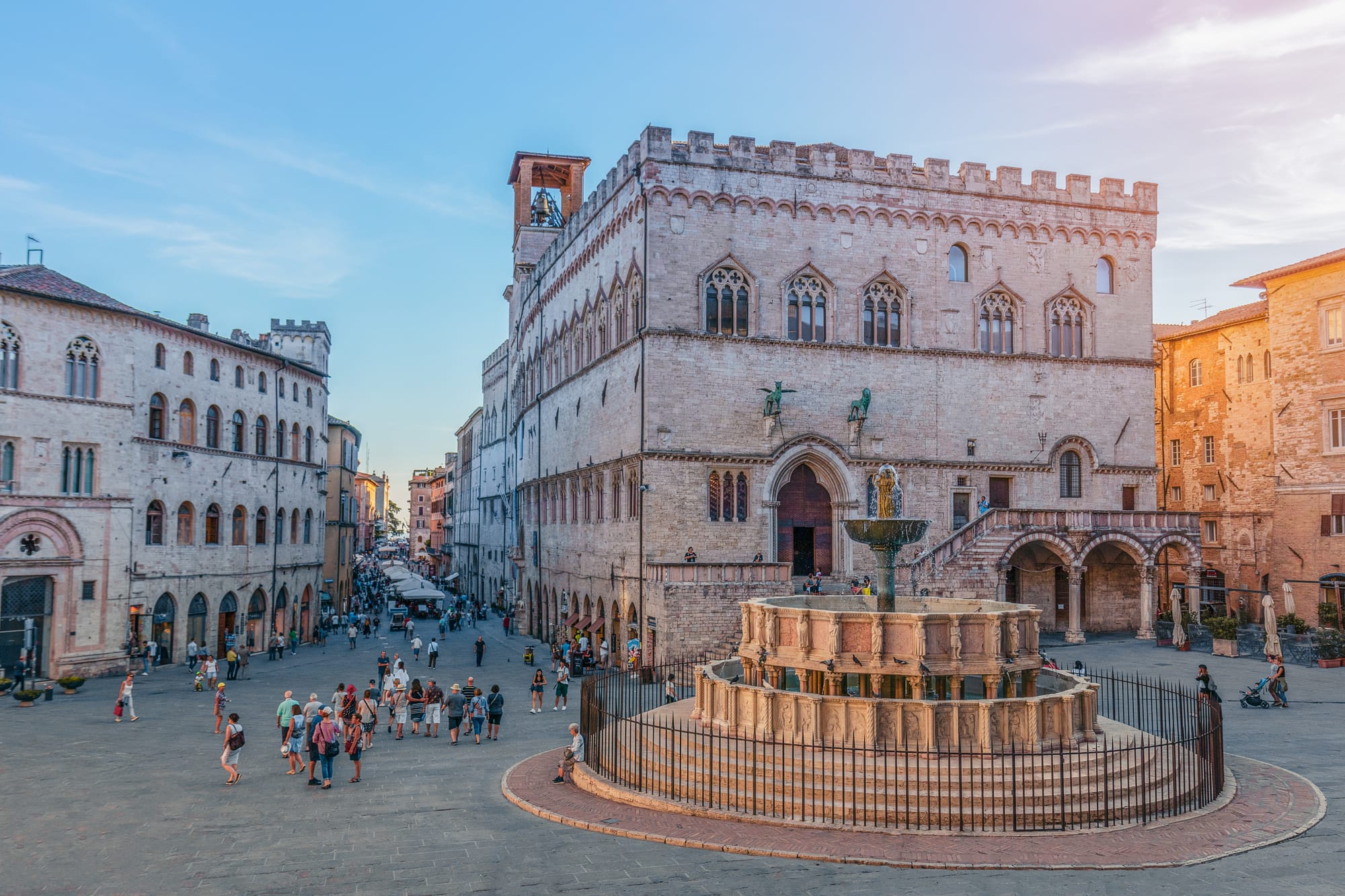 The medieval Fontana Maggiore fountain in the center of Piazza IV Novembre in Perugia, Umbria, on a sunny day in central Italy.