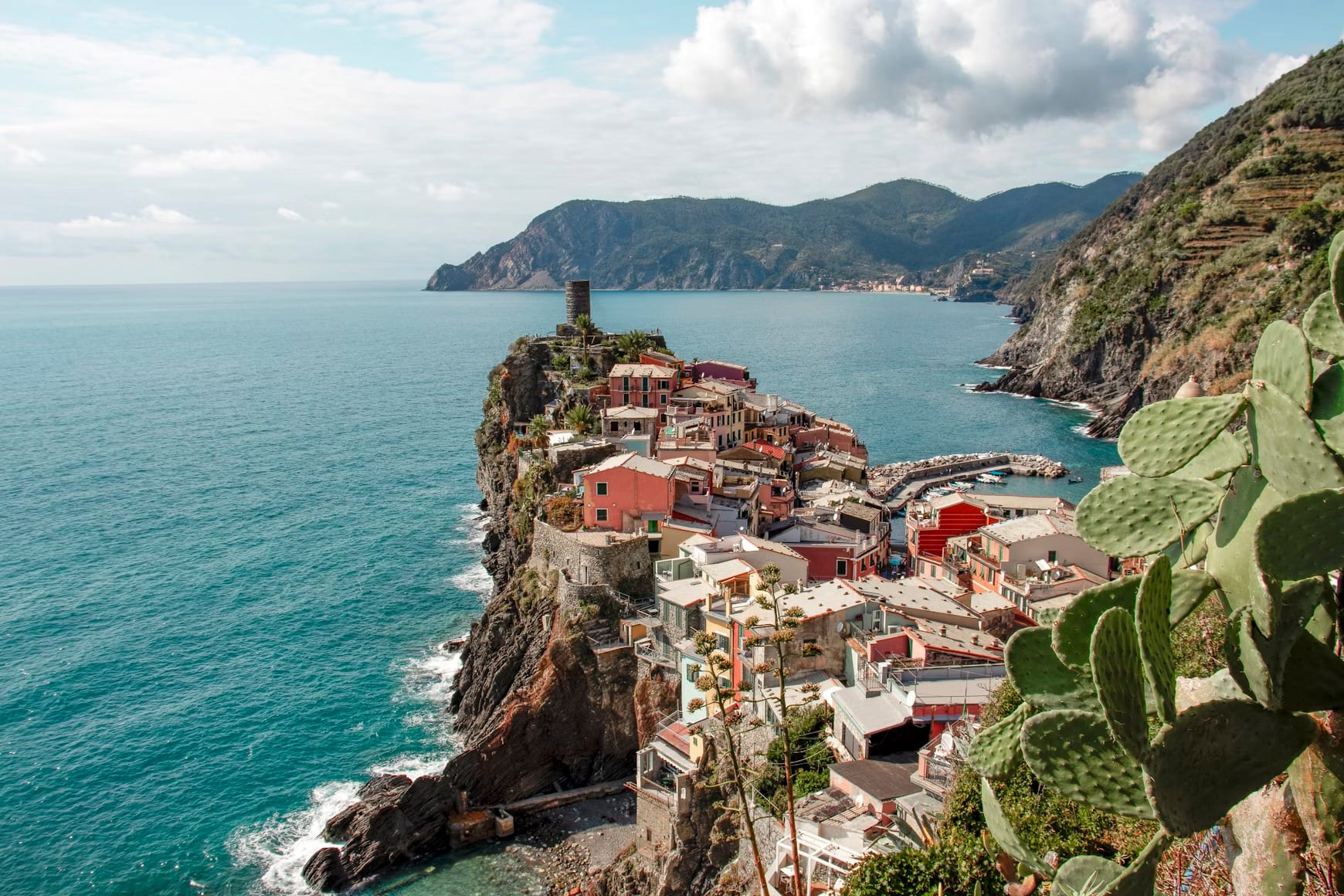 A bird's-eye view of the beautiful town of Vernazza in the Cinque Terre, Italy.