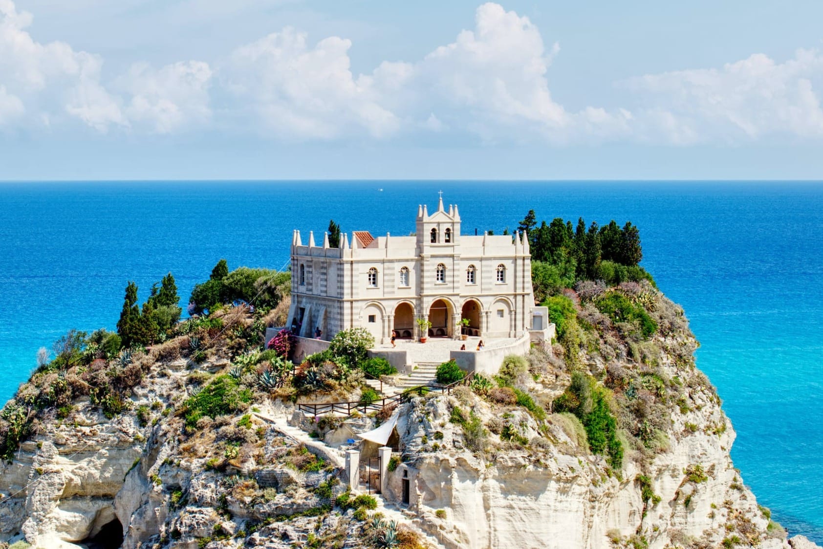 The beautiful town of Tropea sits atop a cliff overlooking the sea. Calabria, Italy.