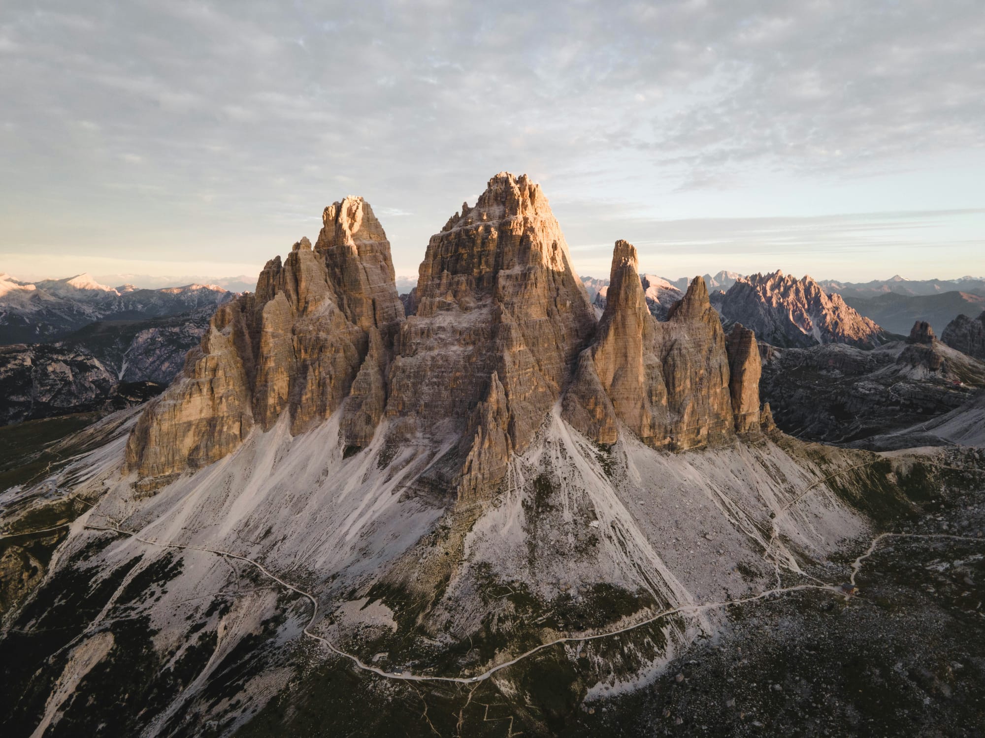 Dramatic peaks of the Dolomites in the Trentino-South Tyrol region during sunset.