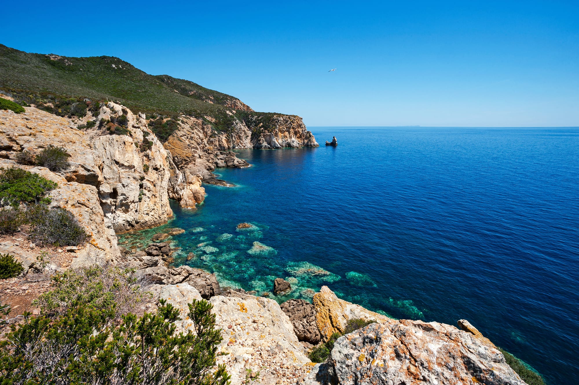 The rocky coast and clear blue water of Cala delle Grottelle on Zannone island, Circeo National Park, Italy.