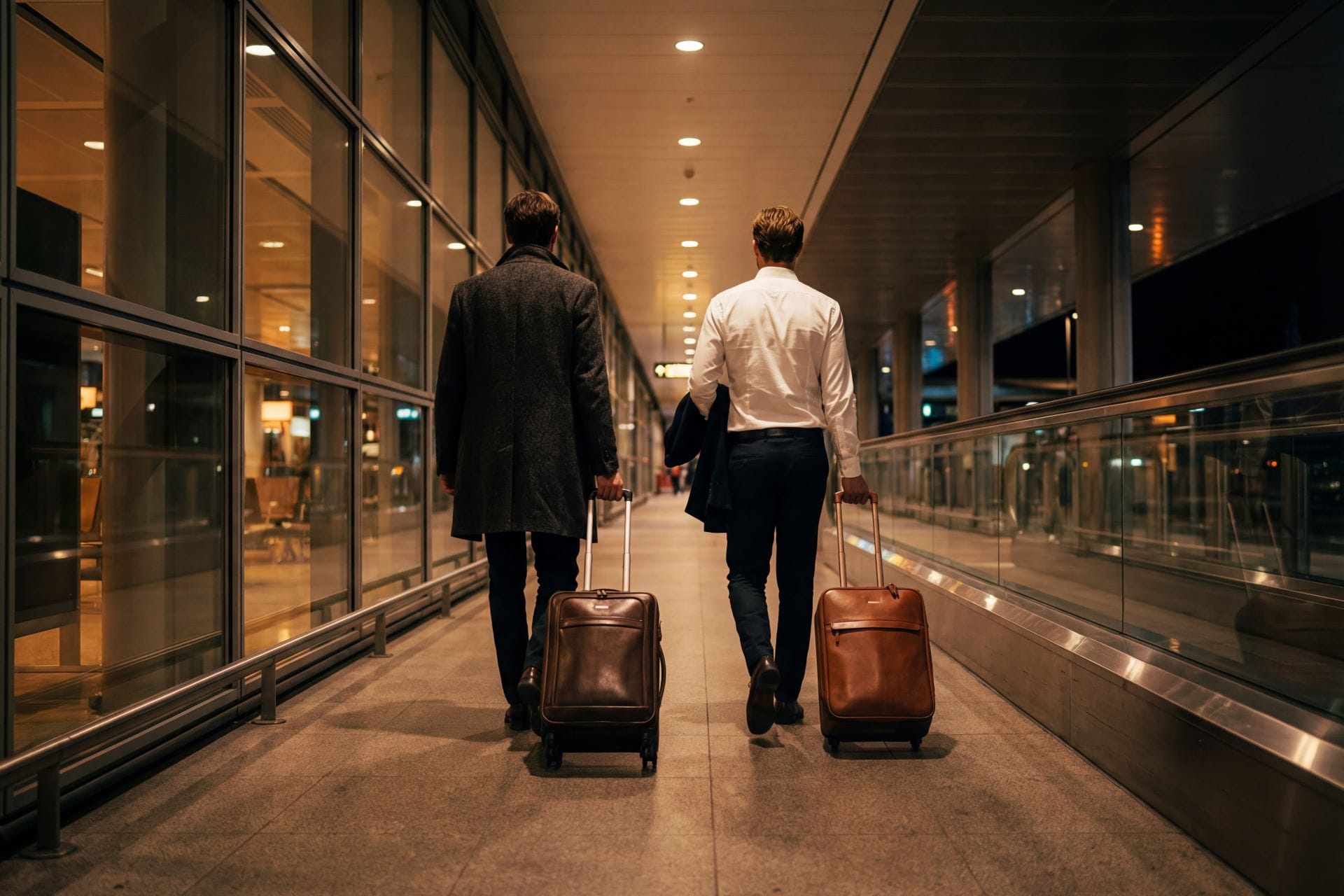 Two international travelers with luggage arriving at an Italian airport at night during the 2026 Winter Olympics.
