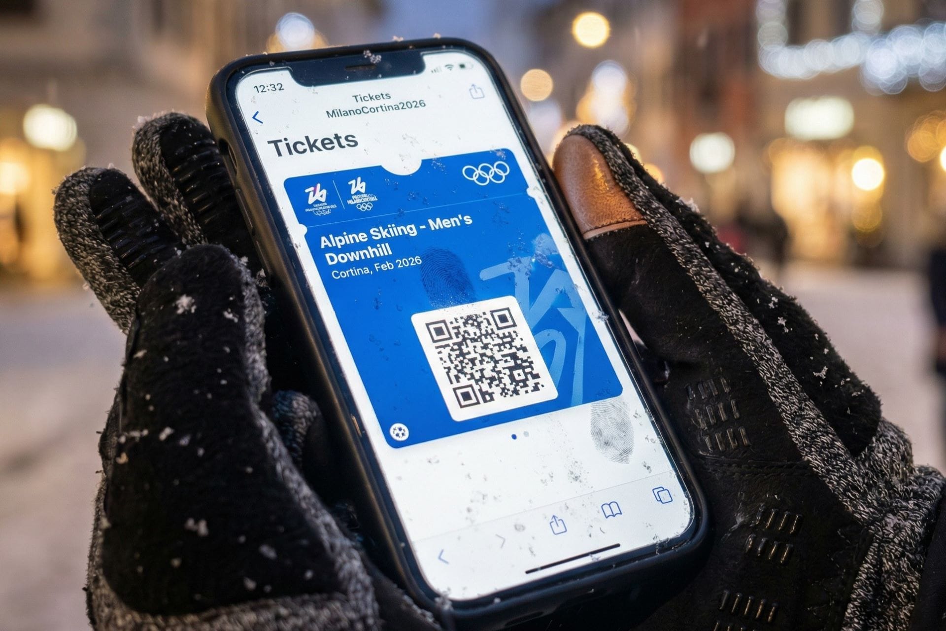 Close-up of a hand holding a smartphone displaying the Milano Cortina 2026 mobile app for real-time shuttle schedules and transit updates.