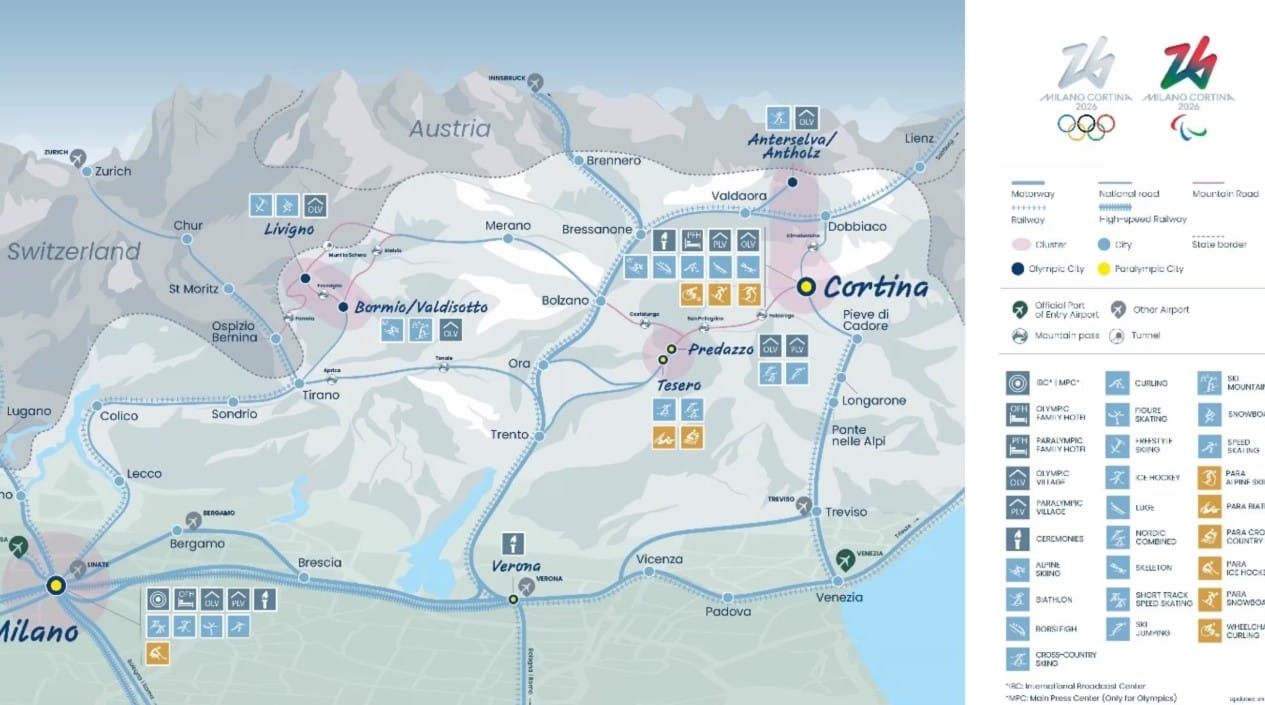Comprehensive map of the 2026 Winter Olympics venues across Lombardy, Veneto, and Trentino Alto Adige, highlighting the Milan, Cortina, and Bormio clusters.