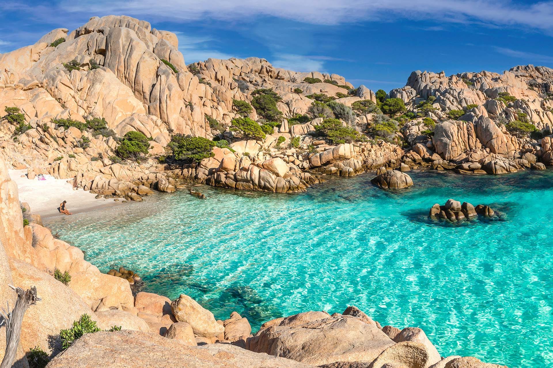 Panoramic view of Cala Coticcio turquoise bay on Caprera island, La Maddalena Archipelago National Park, Sardinia, Italy.