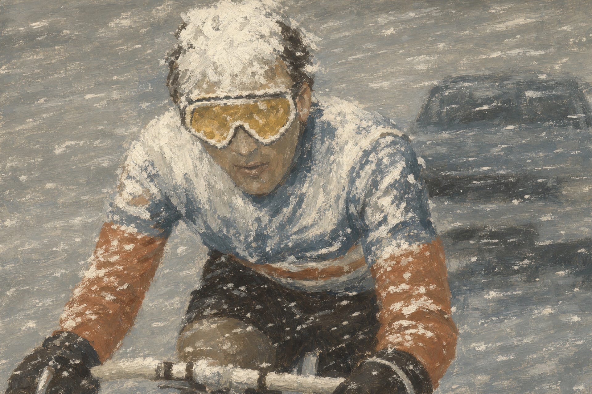 Vintage gouache illustration of Andy Hampsten riding in a snowstorm with covered goggles during Gavia Pass cycling.