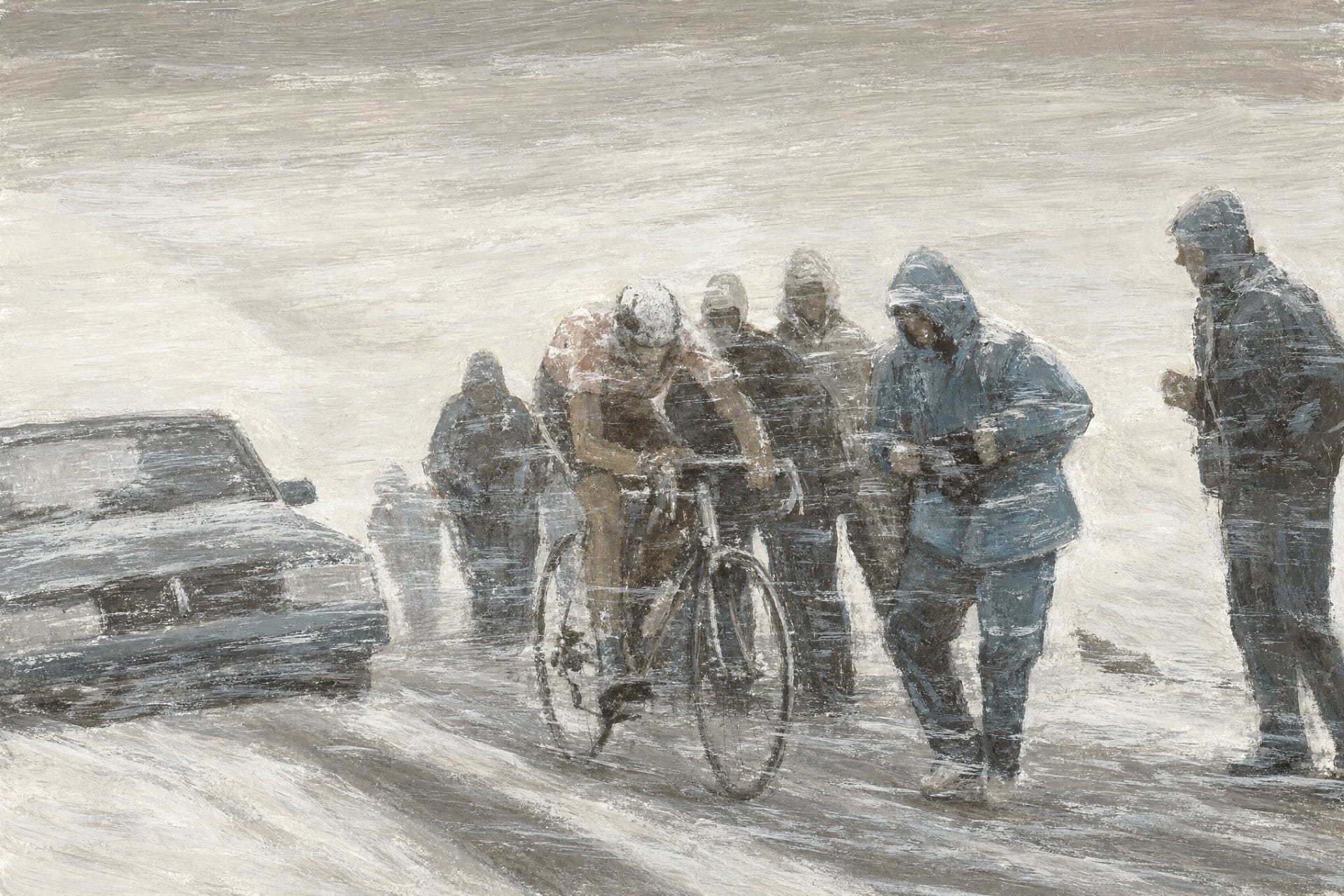 Vintage gouache artwork of a cyclist in a blizzard passing support cars and spectators on a Gavia Pass cycling stage.
