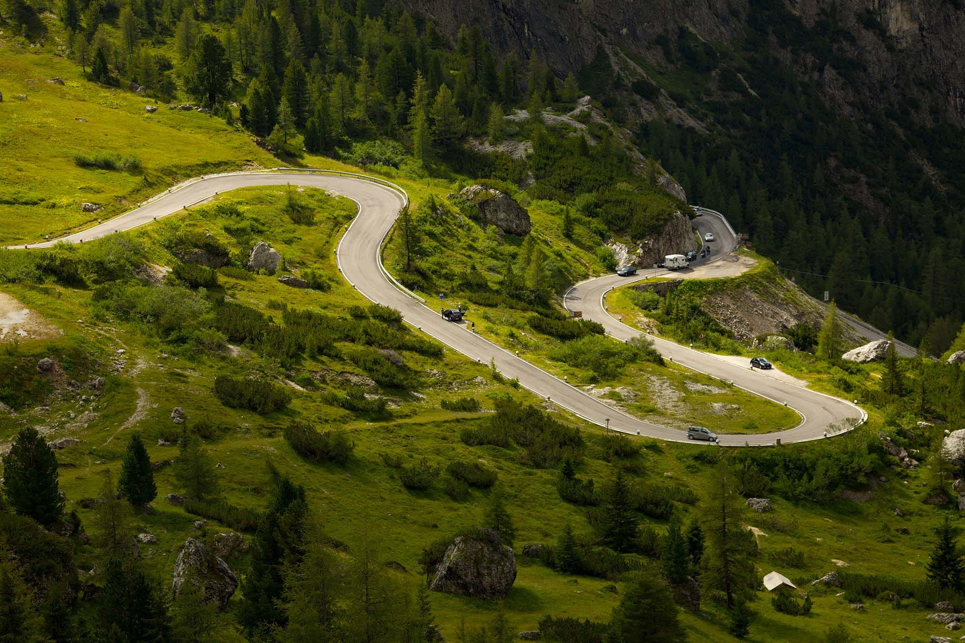 Dolomite mountain pass on the 2026 Giro d'Italia queen stage route between Feltre and Alleghe in the Belluno Dolomites, Veneto