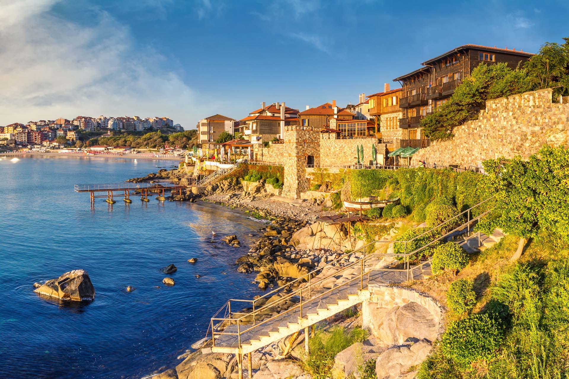 Fortress walls and seafront of Sozopol on the Black Sea coast in Bulgaria, near the start of the 2026 Giro d'Italia Grande Partenza