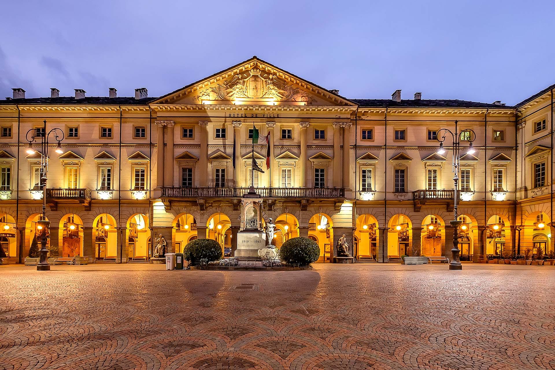 Piazza Émile Chanoux, the main square of Aosta in the Aosta Valley, start city of Giro d'Italia 2026 Stage 14 to Pila