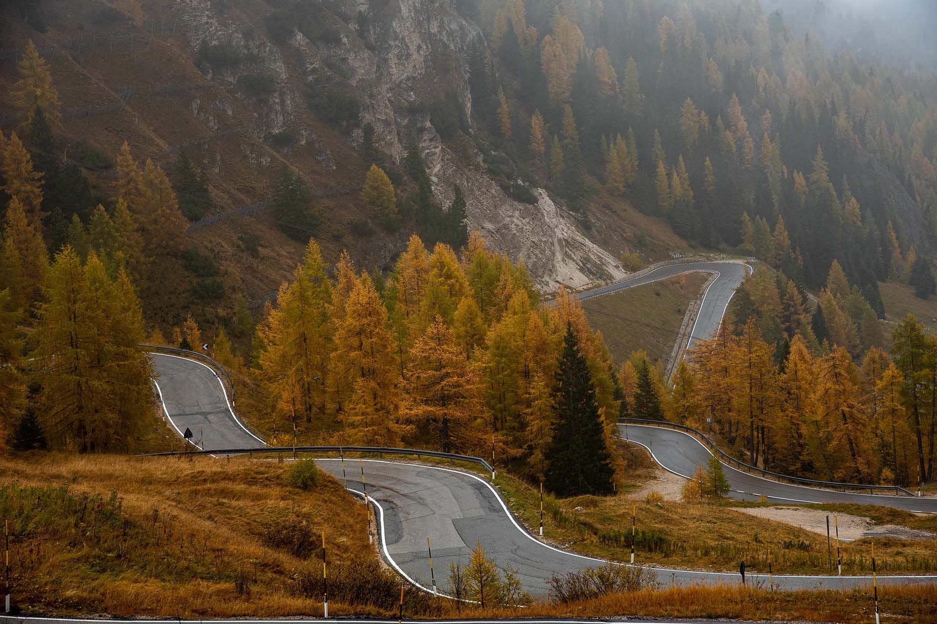 Winding mountain road of Passo Falzarego in the Dolomites of South Tyrol, one of the six climbs on the 2026 Giro d'Italia queen stage