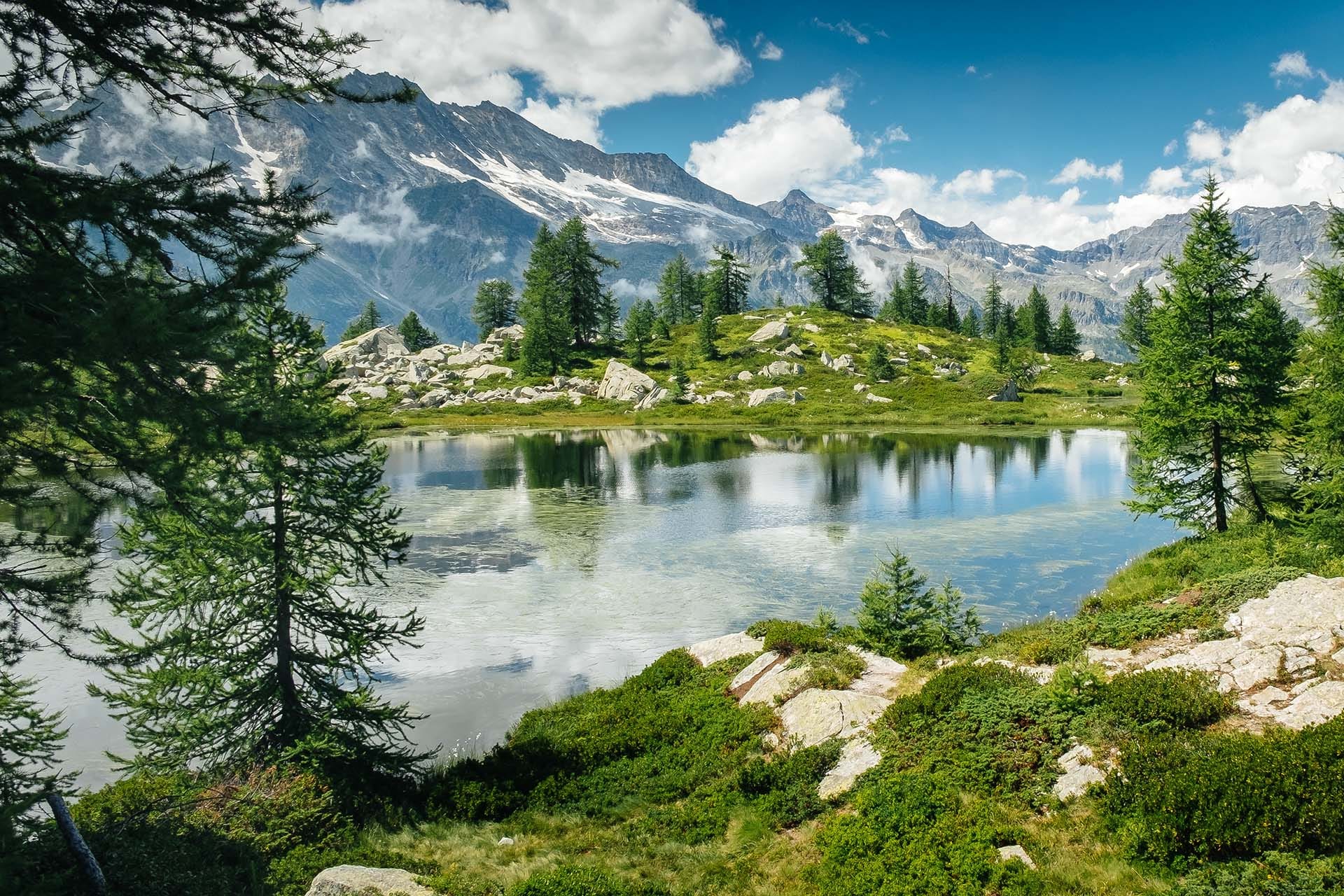 Alpine lake with mountain reflections and green forest in Gran Paradiso National Park, Ceresole Reale, Piedmont, Italy.