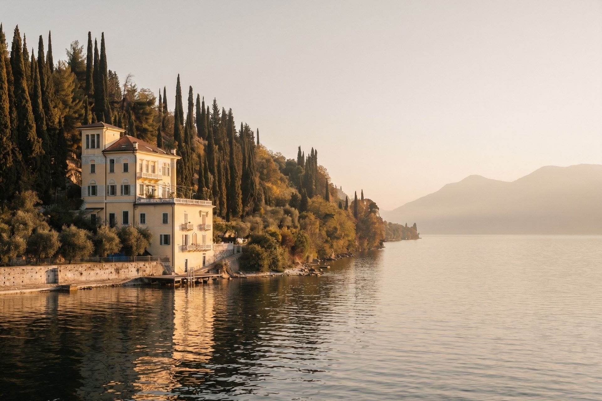 Belle Epoque villa with pale cream facade and Italian cypress trees reflected in the still waters of Lake Garda at dawn, Lombardy, Italy