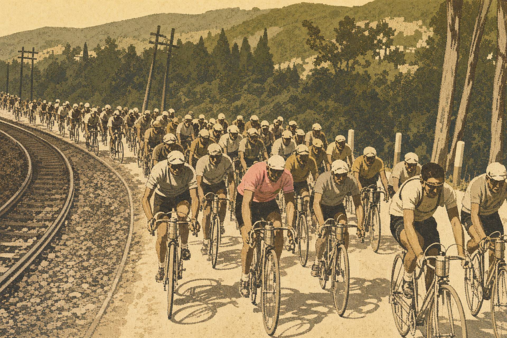 Maglia rosa in the bunch on an early Giro d'Italia, the leader's plain pink jersey among riders on unpaved roads