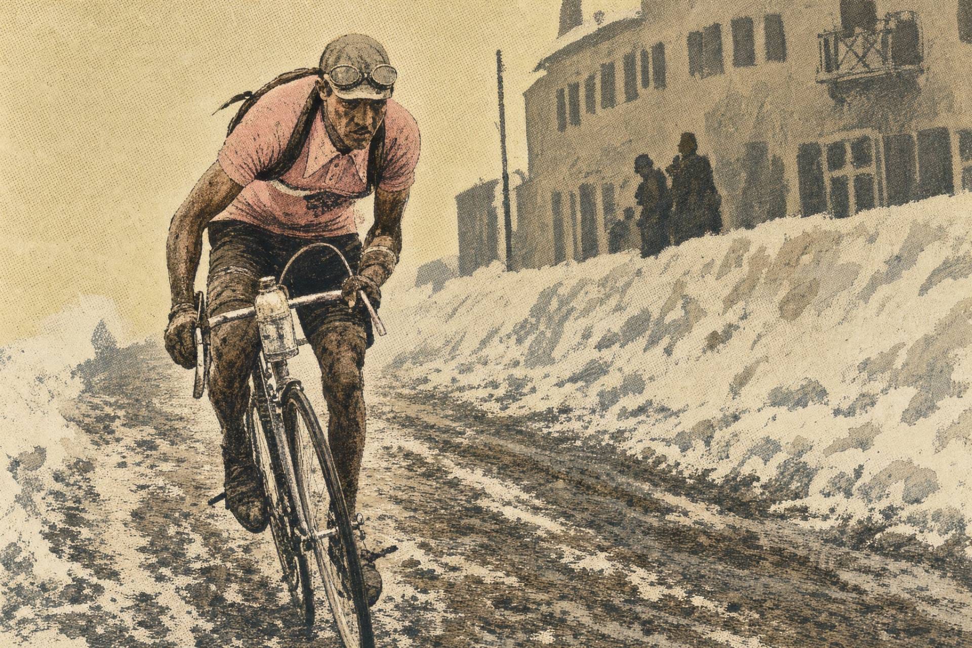 Rider in the maglia rosa climbing through snow and mud on a high mountain stage of the Giro d'Italia