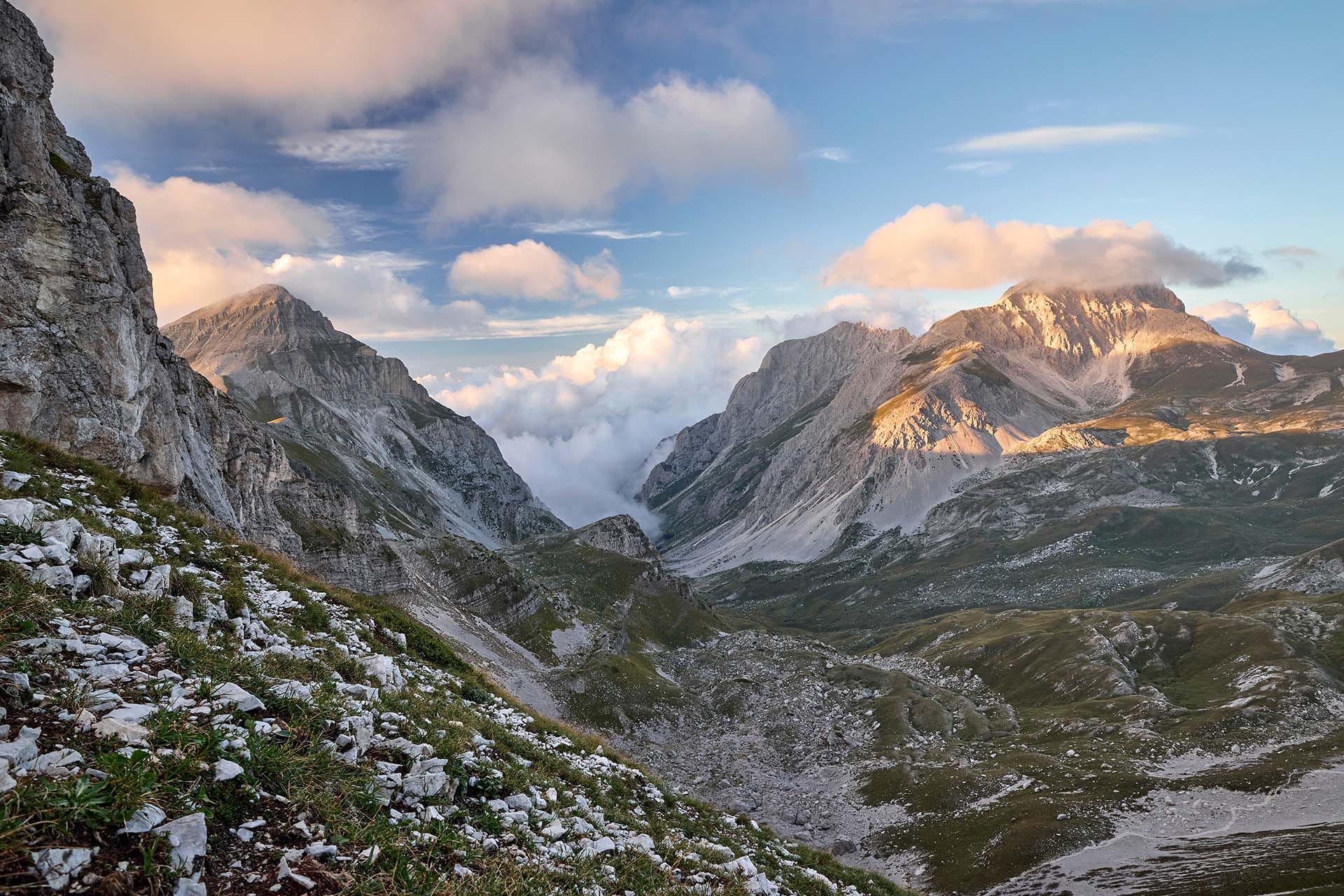 the summit of Pizzo Cefalone at 2,533 meters at sunset over Val Maone, Gran Sasso e Monti della Laga National Park, Abruzzo, Italy.
