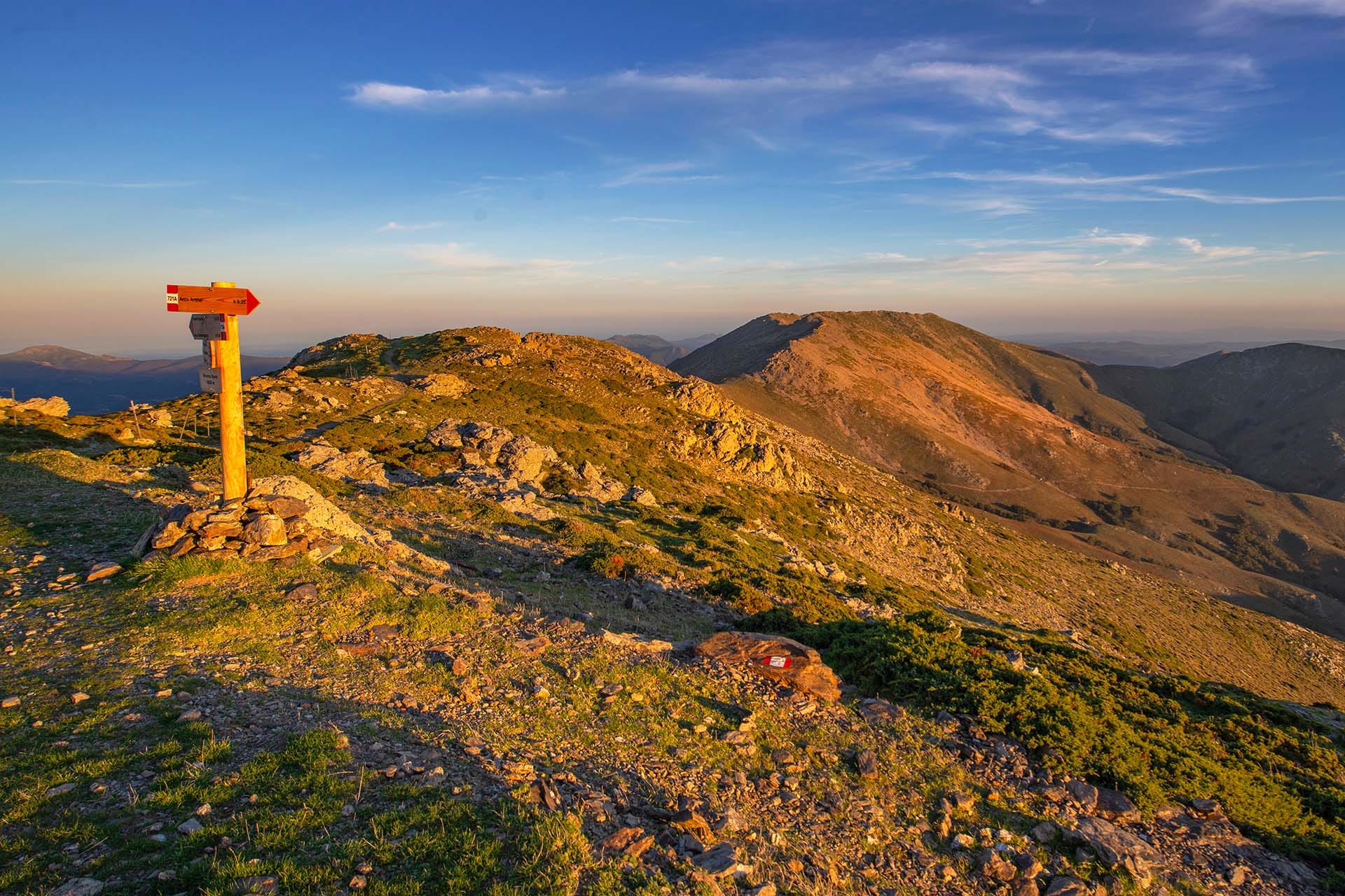 Summit sign at Punta La Marmora, highest peak of Sardinia at 1,834 meters, Gennargentu National Park, Sardinia, Italy at sunset.