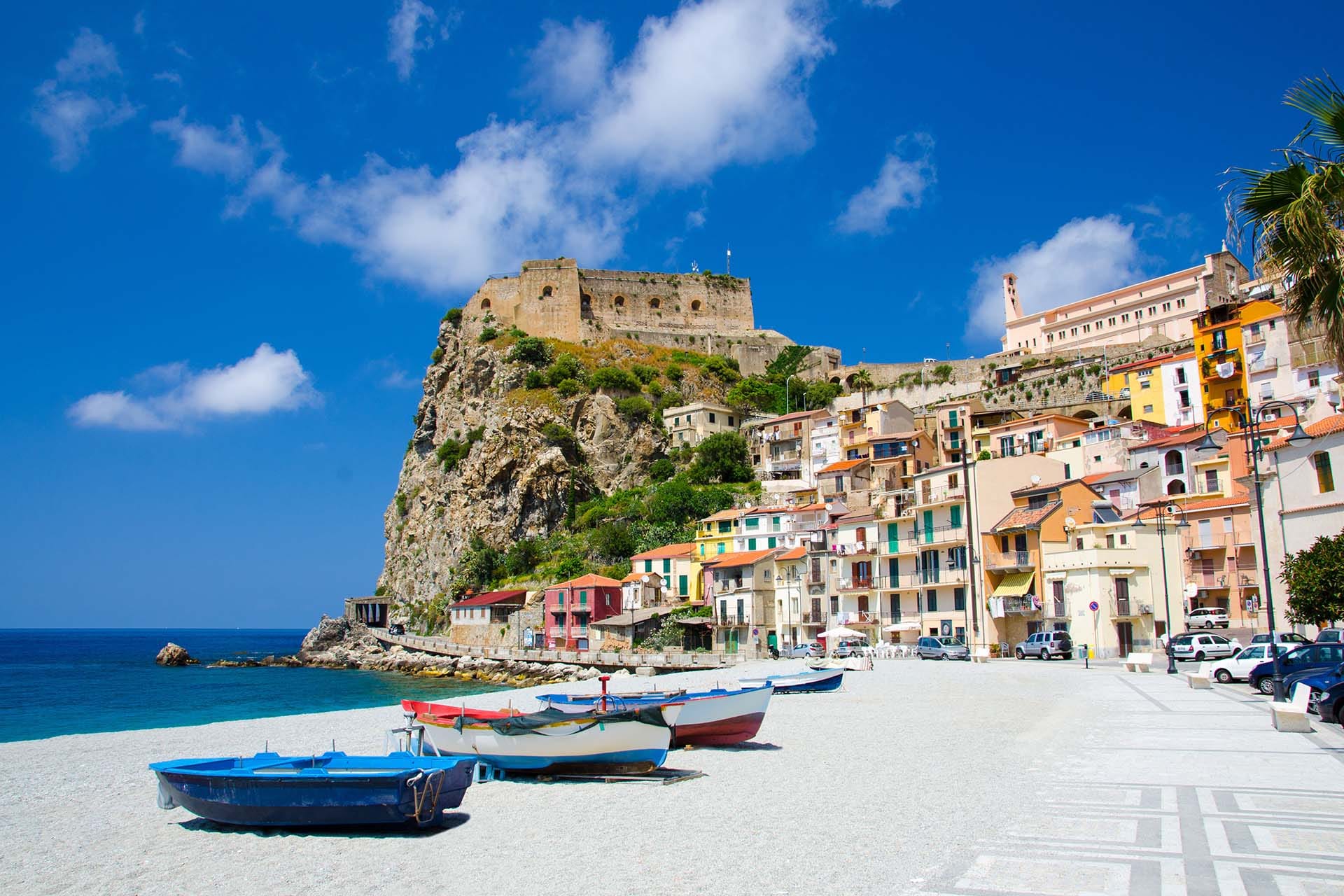 Colorful traditional fishing boats on the beach of Scilla, Calabria, Southern Italy