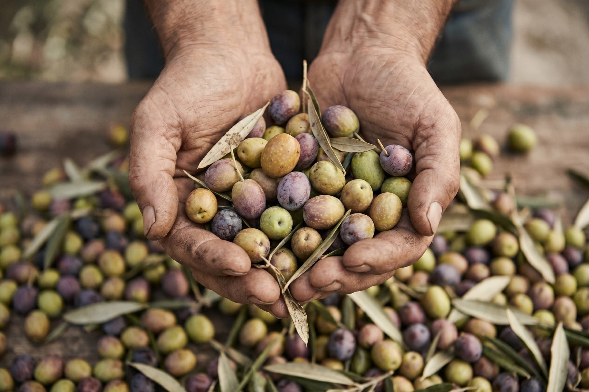 Hands cupping freshly harvested Taggiasca olives, green and dark purple, Ligurian Ponente olive harvest