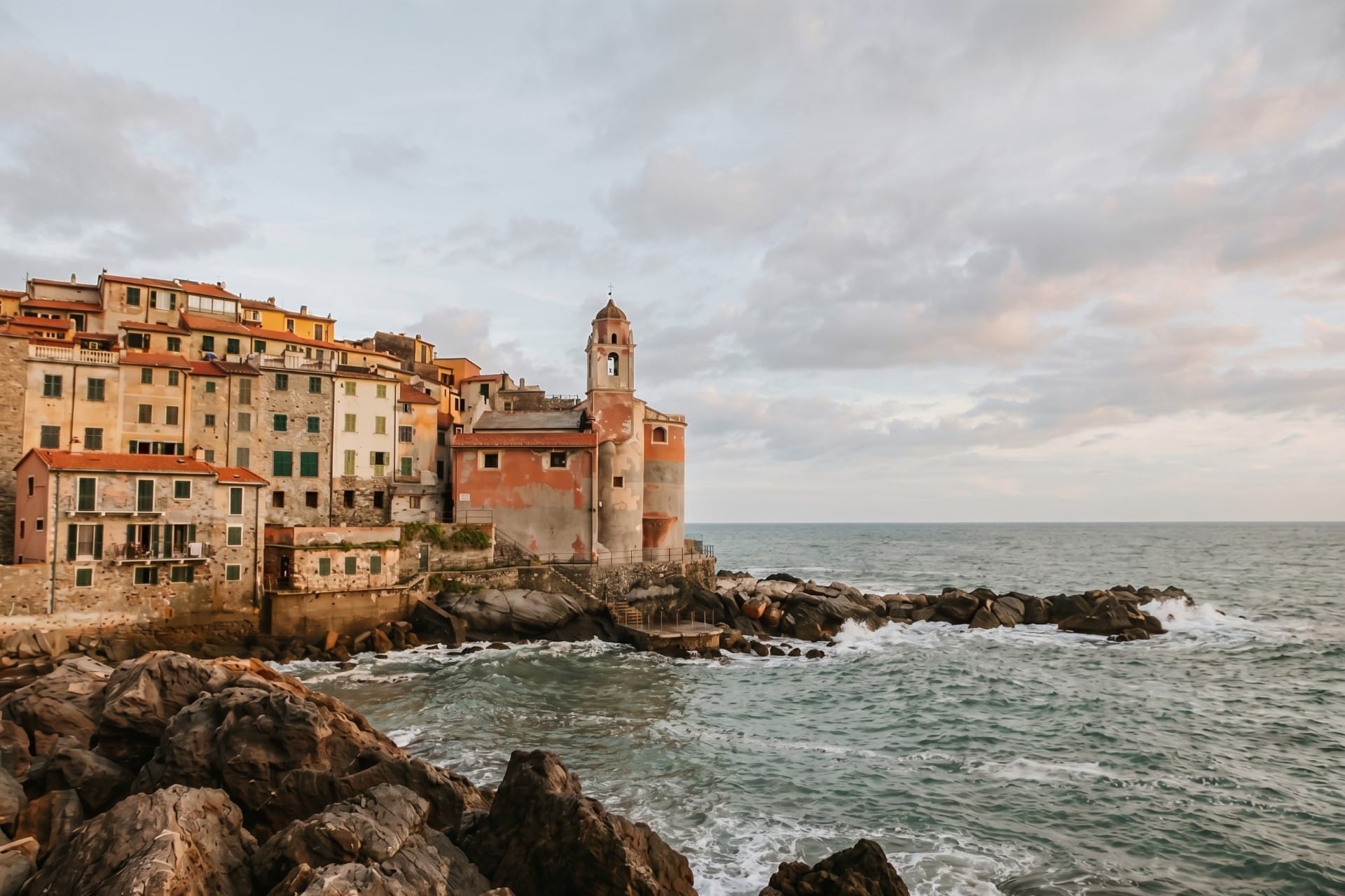 Church of San Giorgio at Tellaro on sea cliffs above the Gulf of La Spezia, Riviera di Levante