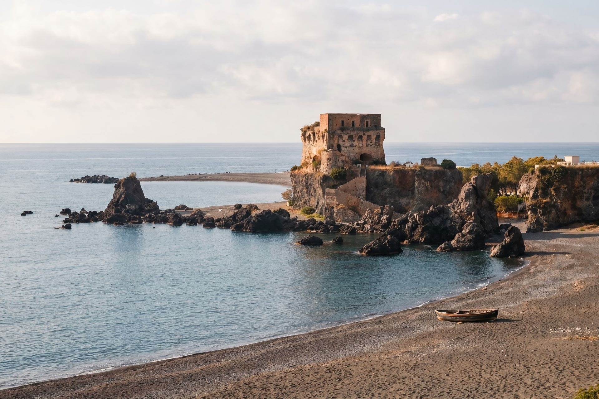 Panoramic view of the historical Torre di Fiuzzi standing on a rocky outcrop in Praia a Mare, surrounded by the crystal-clear waters of the Calabrian coast.
