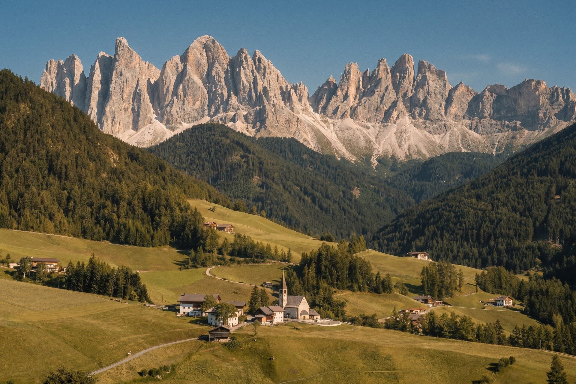 Alpine meadow with wildflowers in foreground and dramatic serrated Odle peaks rising above Val di Funes in warm summer light, South Tyrol, Dolomites, Italy