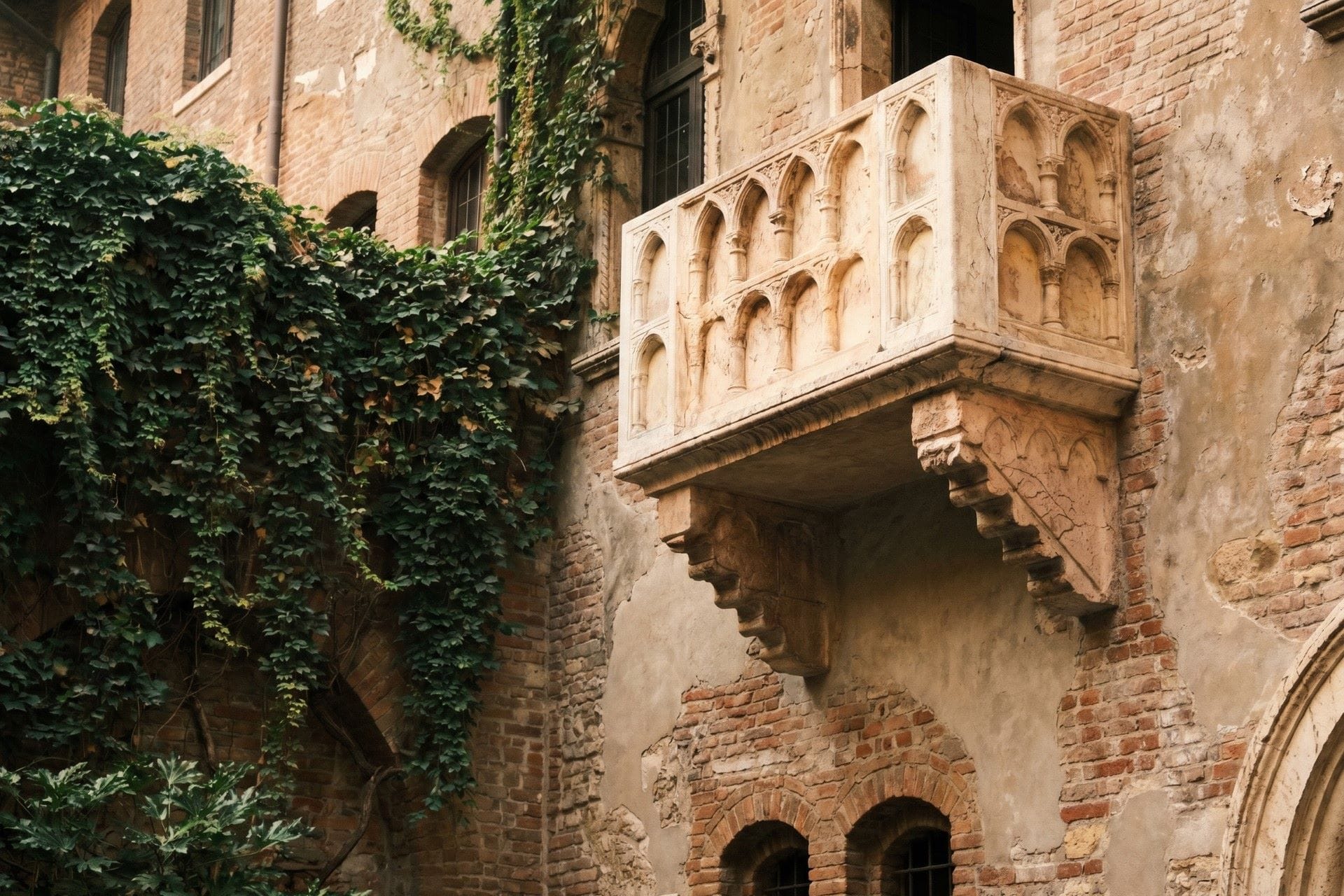 Gothic marble balcony with carved balusters on a medieval brick palazzo facade in an empty courtyard with climbing ivy, warm morning light, Verona, Italy