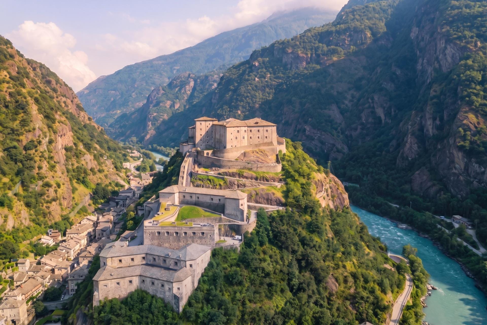 The Forte di Bard fortress on its rocky spur above the Dora Baltea river, Aosta Valley