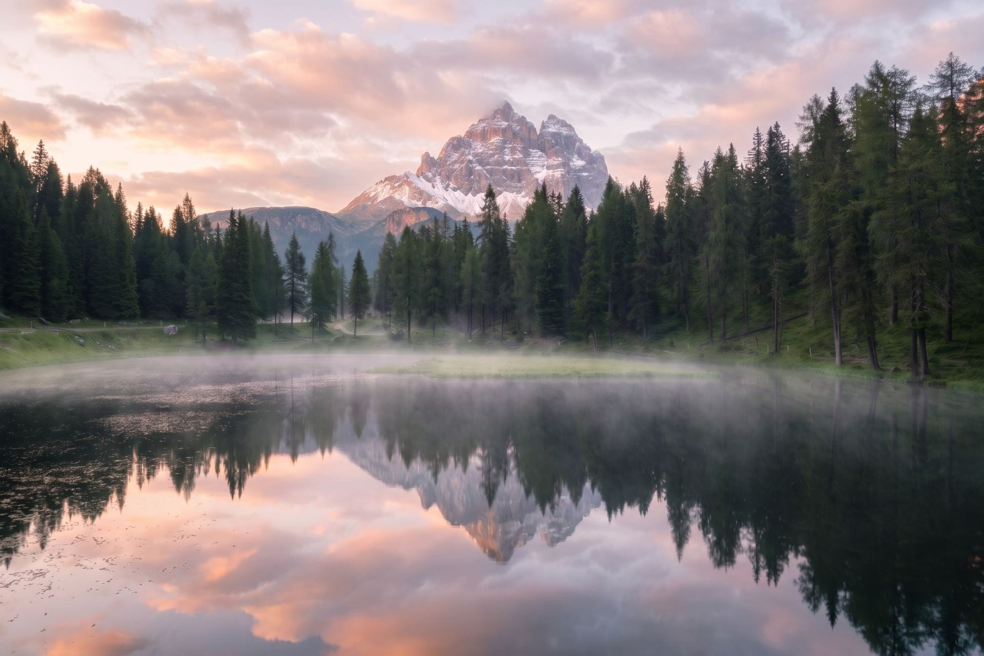 Snow-streaked Dolomite peak mirrored in a misty alpine lake at dawn, the Dolomites in summer