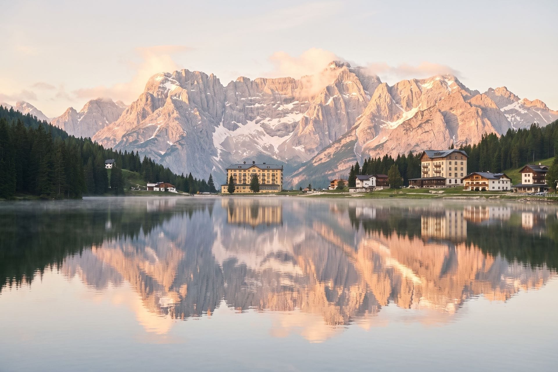 Sorapiss peaks at sunrise reflected in calm Lake Misurina below the Grand Hotel, Dolomites in summer